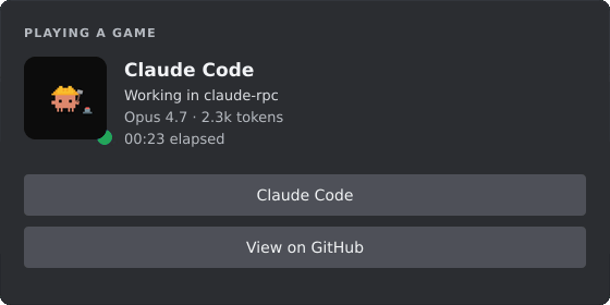 Discord Rich Presence card showing Claude Code working in claude-rpc on Opus 4.7